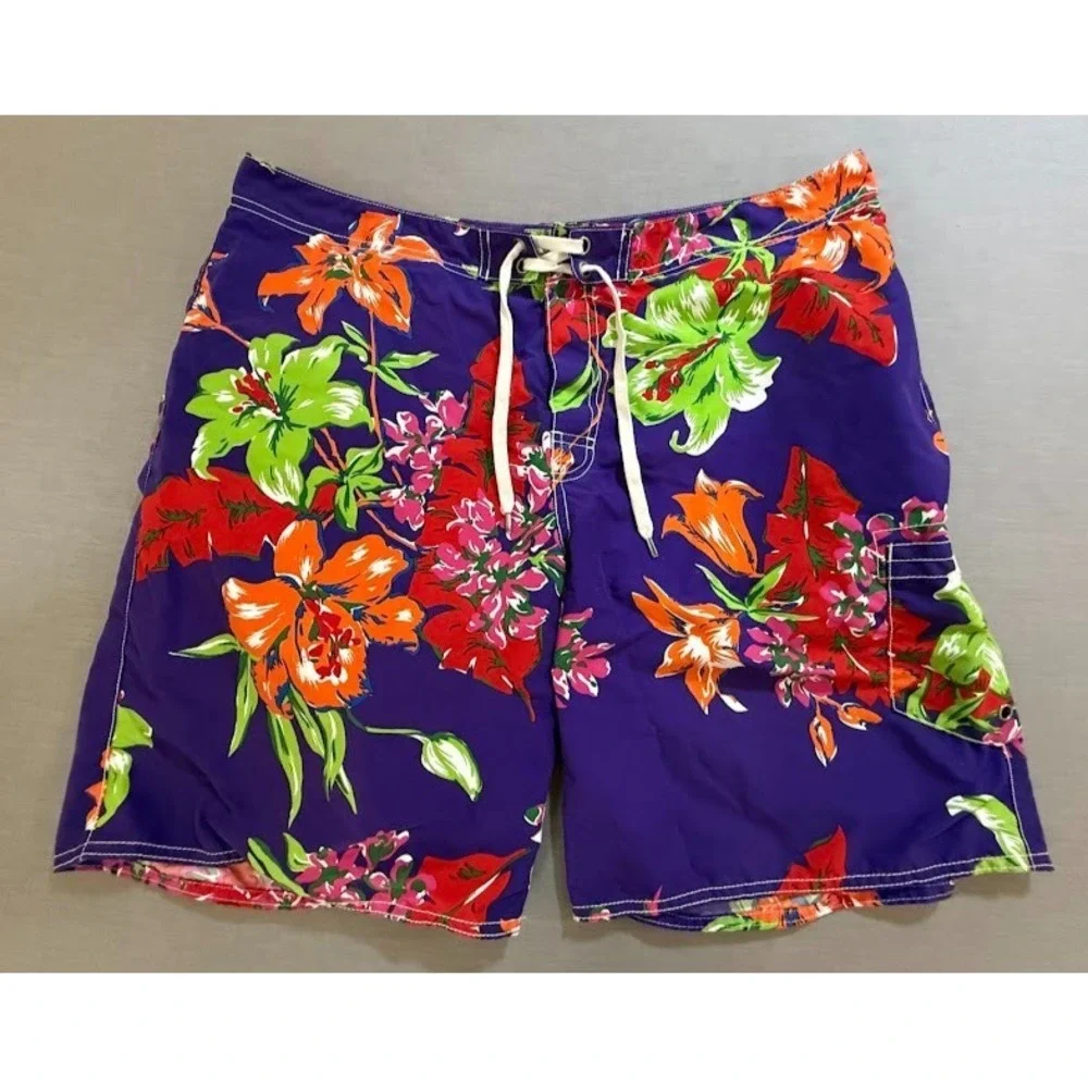 Polo Ralph Lauren Swimwear Shorts Mens 36 Purple Floral Pocketed Drawstring 36x8